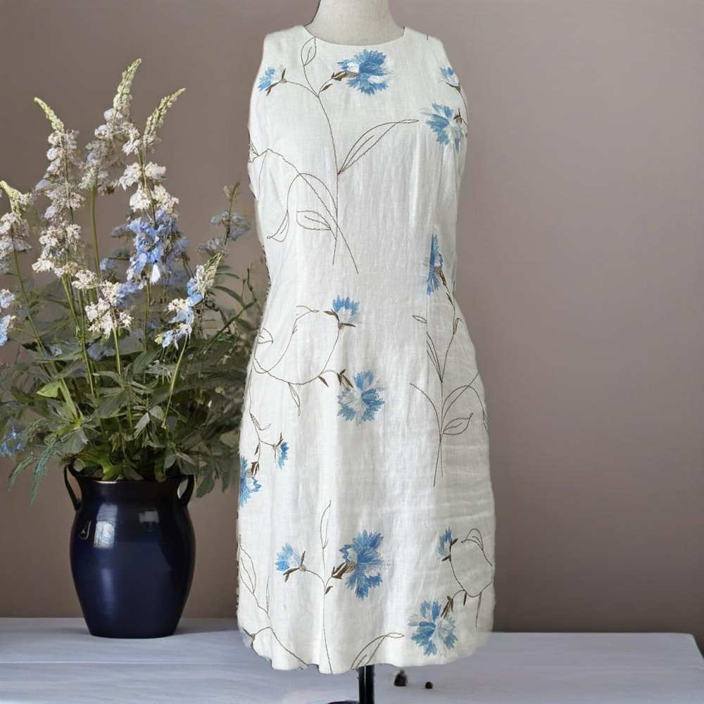 Ann Taylor Cream and Blue Sheath Midi Dress